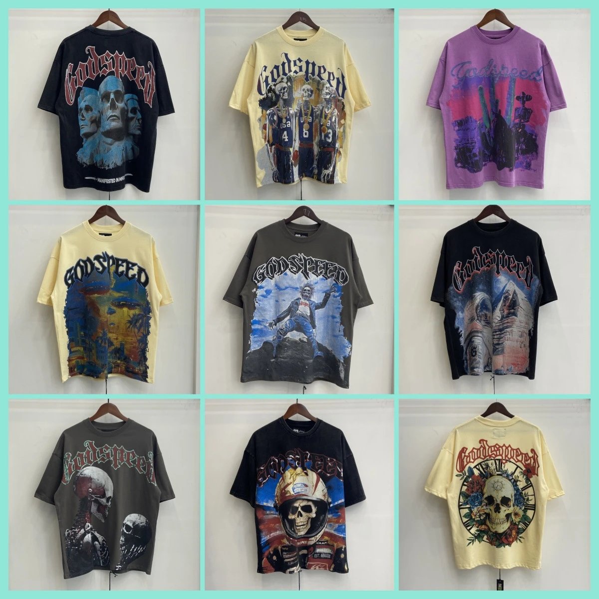 Skeleton rock band retro washed casual loose short-sleeved T-shirt for men and women  