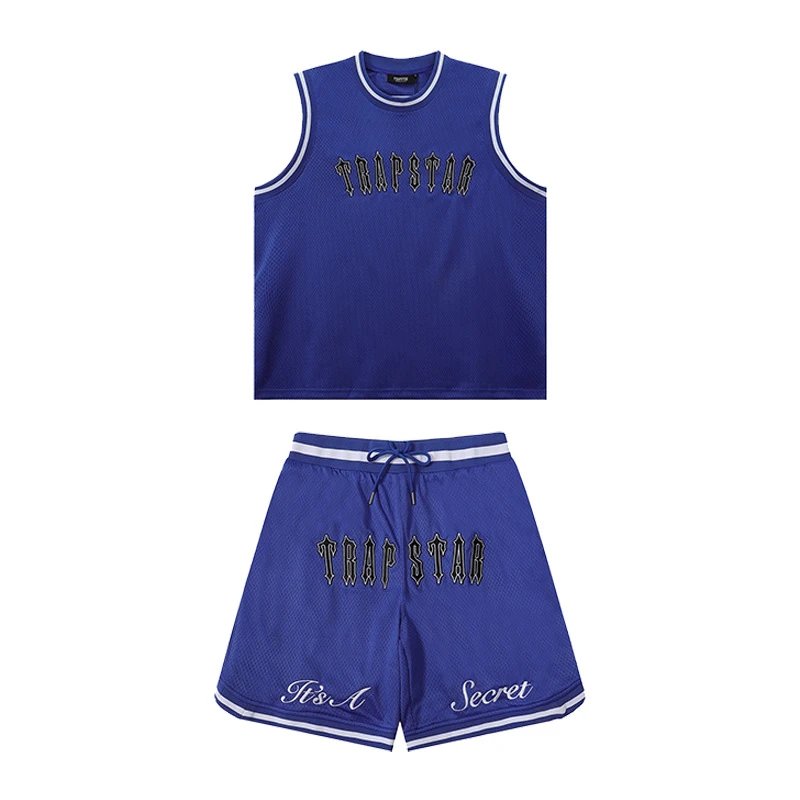 Short-sleeved jersey shorts suit mesh embroidery blue basketball men  