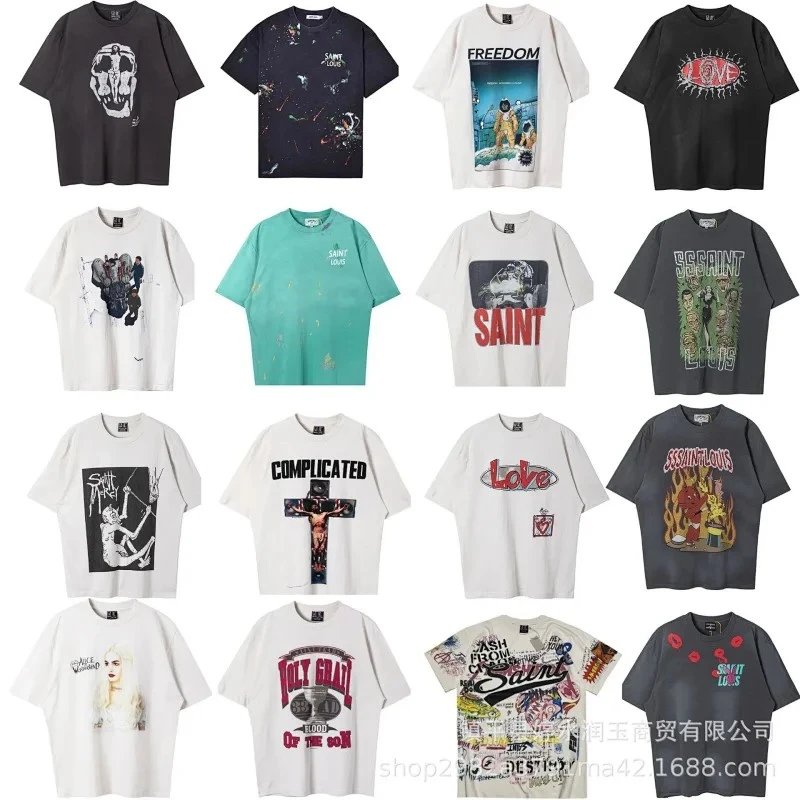 Retro washed old graffiti loose versatile round neck short-sleeved T-shirt for men and women  